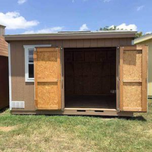 Storage Shed Portable Building Product Page Model American Exterior Brown Front Doors Open